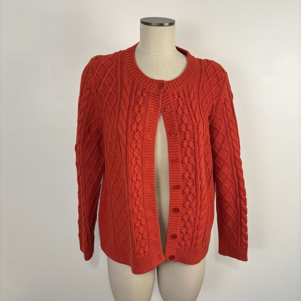 Talbots Womens 1X Orange Cable Knit Cardigan Sweater Wool Blend Button Front